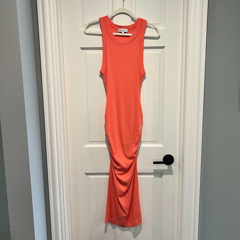 Michael Stars Wren Ruched Midi Dress Small Heatwave Orange Ribbed Tank Bodycon - Picture 3 of 7
